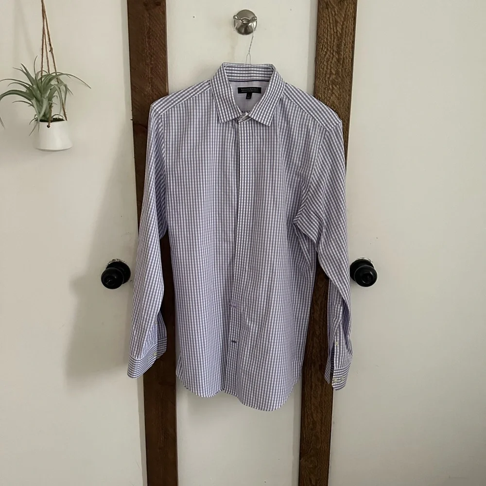 Banana Republic Men Large Non-Iron Slim Fit Long Sleeve Purple Blue Check Shirt